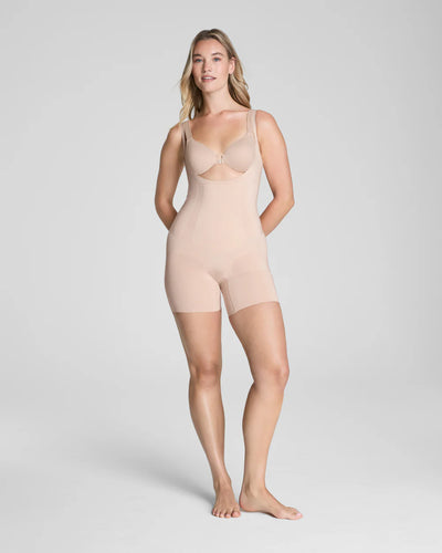 Spanx Open Bust Mid Thigh Bodysuit-Soft Nude