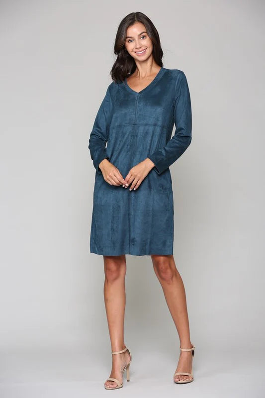 Aurora Suede V Neck Dress-Peacock