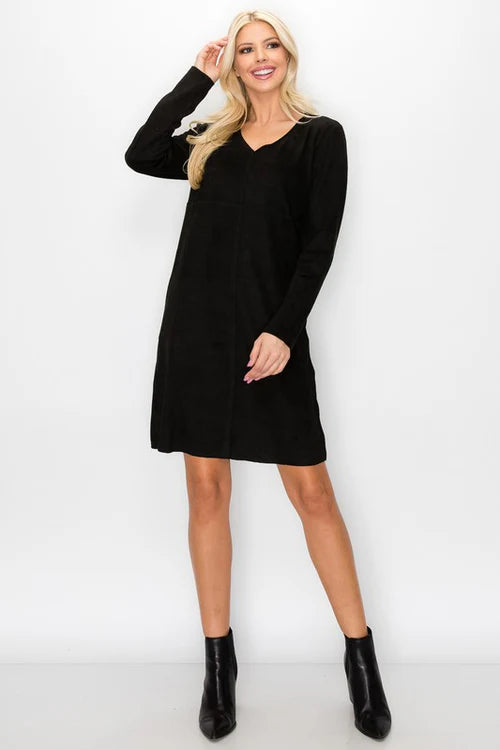 Aurora Suede V-Neck Dress-Black