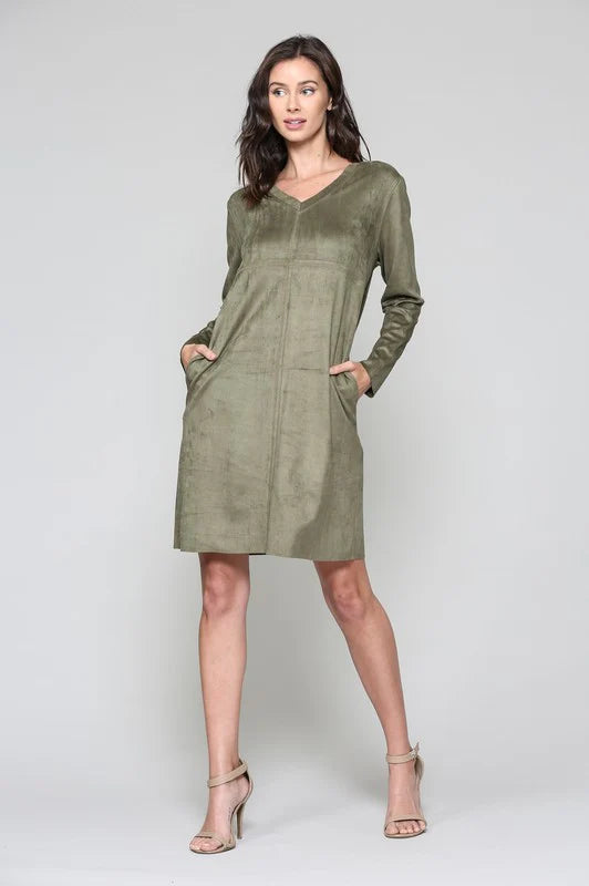 Aurora Suede V Neck Dress-Olive