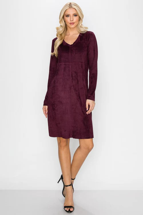 Aurora V Neck Suede Dress-Wine