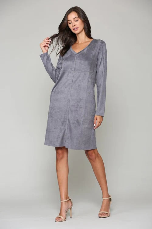 Aurora V Neck Suede Dress-Charcoal