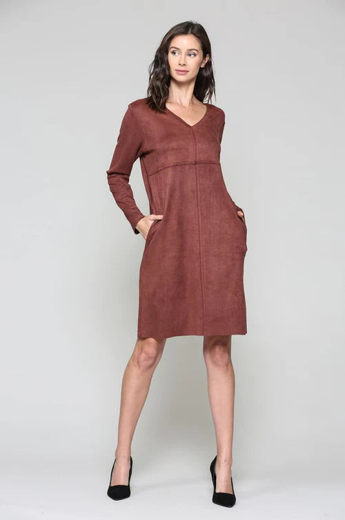 Aurora Suede V-Neck Dress-Mahogany