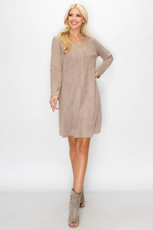 Aurora Suede V-Neck Dress-Khaki