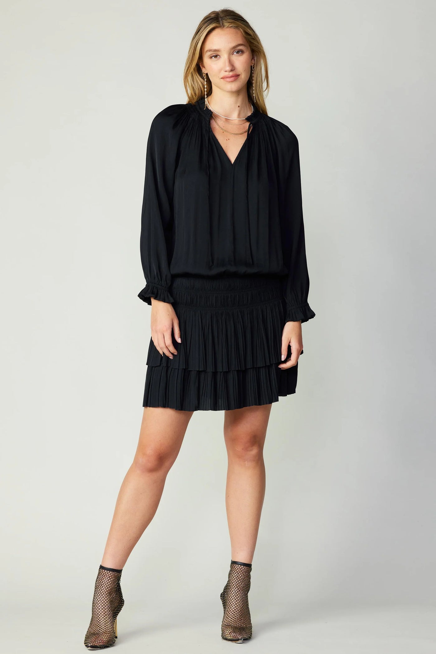 Laurel Pleated Mini Dress-Black