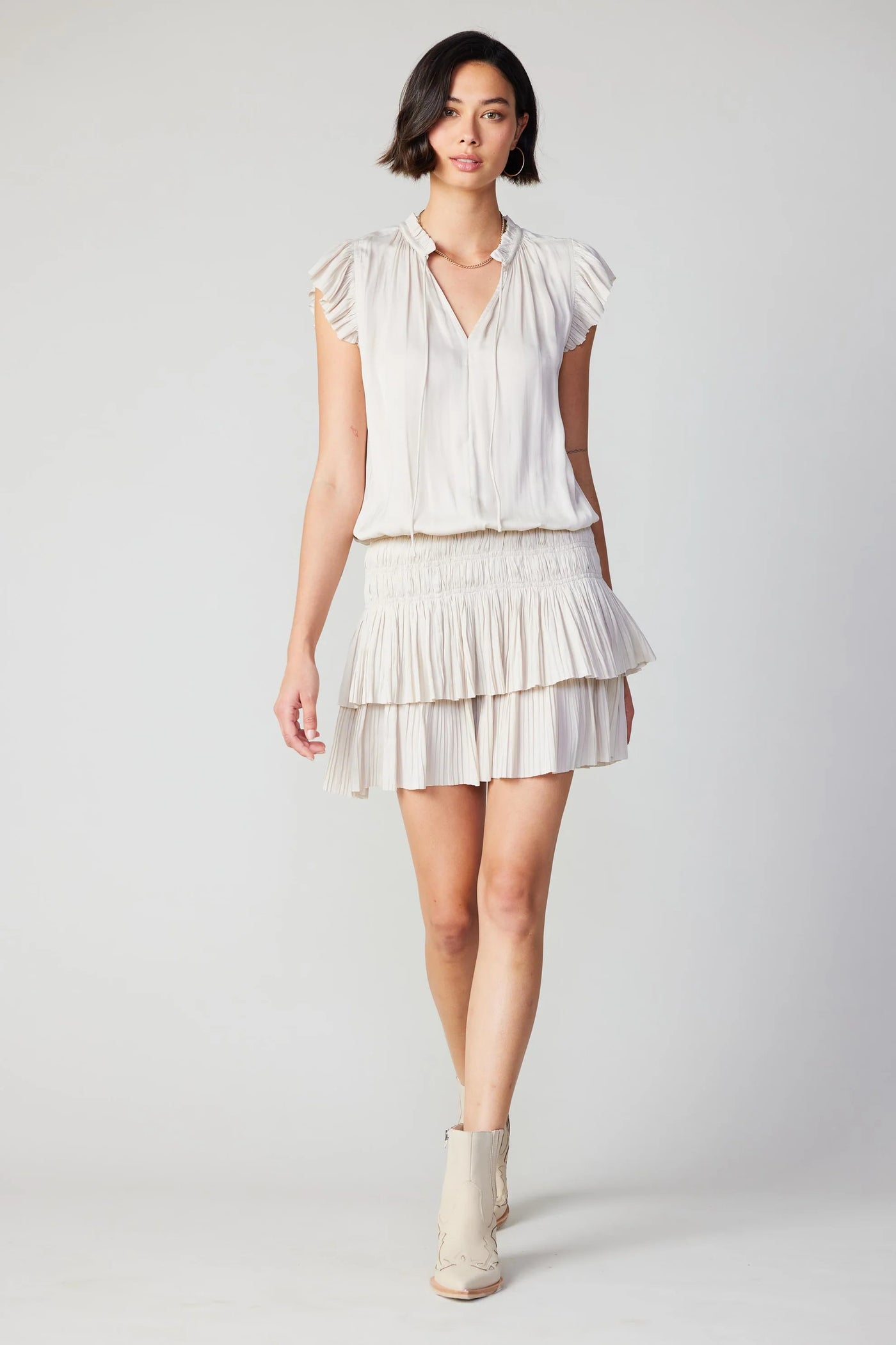 Zoey Pleated Skirt Mini Dress-Ecru