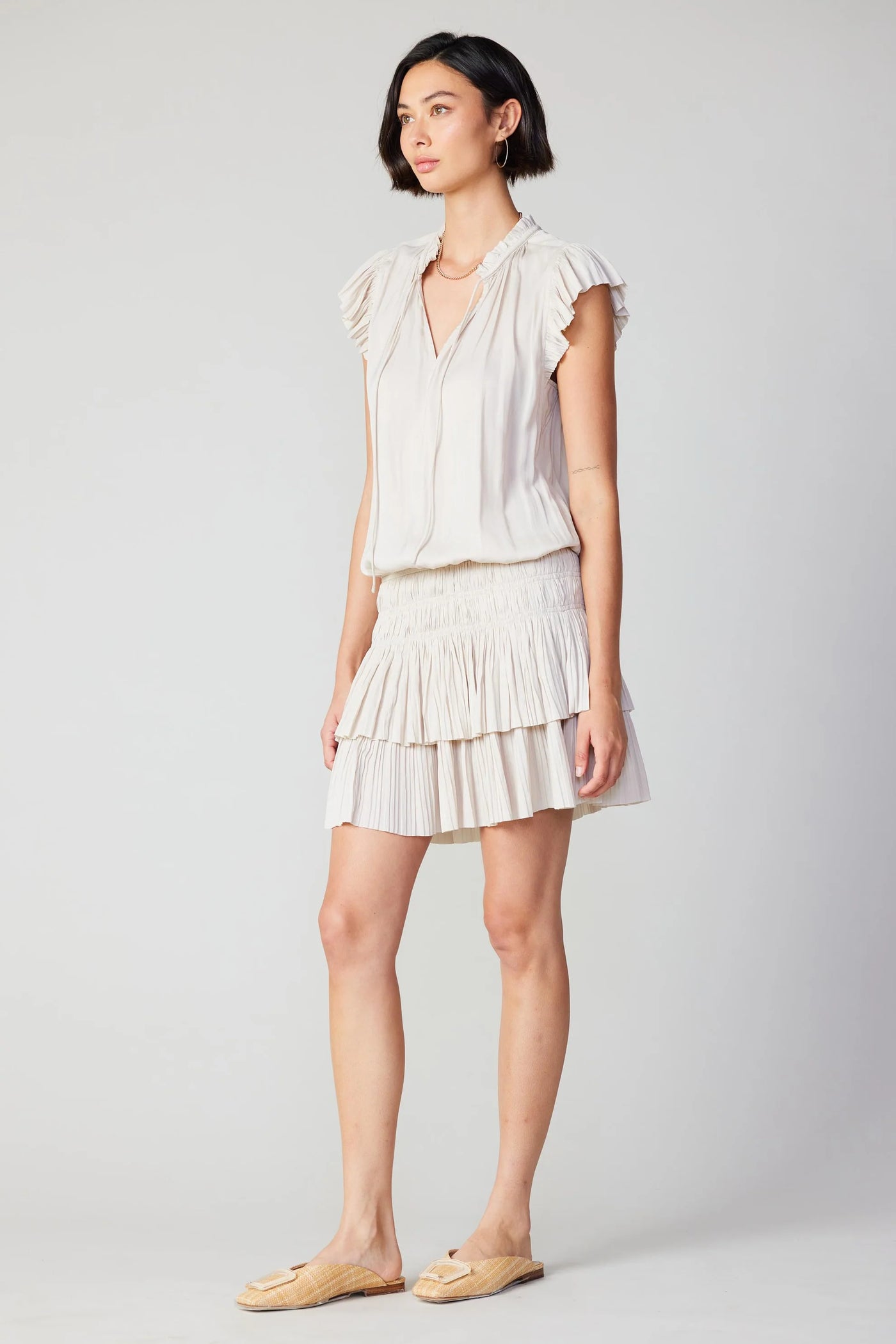 Zoey Pleated Skirt Mini Dress-Ecru