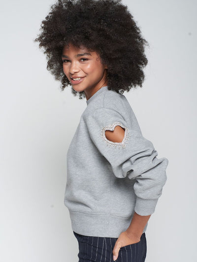 Grey Novelty Sweatshirt-Heart Cut Out and Beading