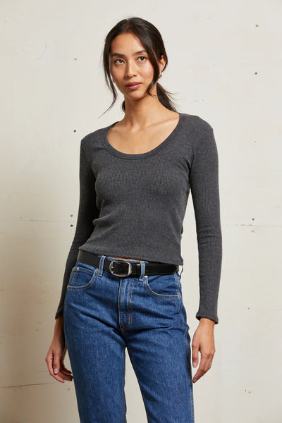 Josie Sweater Rib U Neck Top-Charcoal