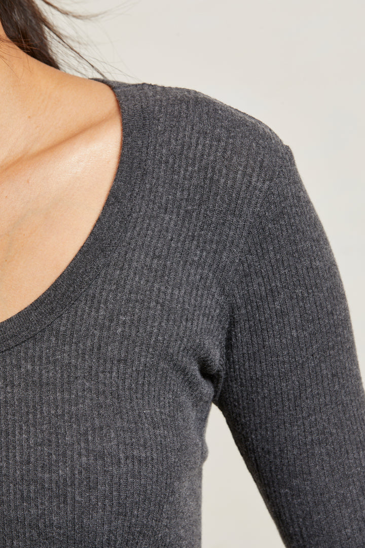 Josie Sweater Rib U Neck Top-Charcoal