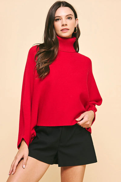 Turtleneck Raglan Sleeve Sweater-Red