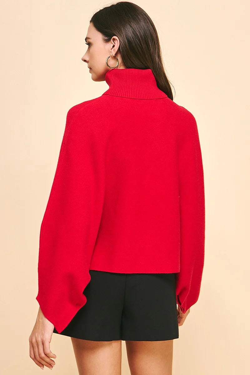 Turtleneck Raglan Sleeve Sweater-Red