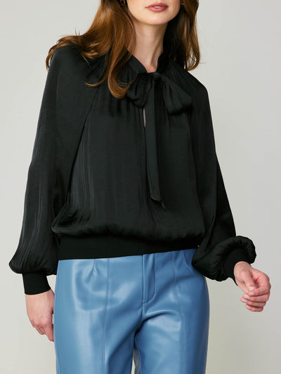 Ribbon Tie Blouse with Ribbed Cuff and Hem-Black