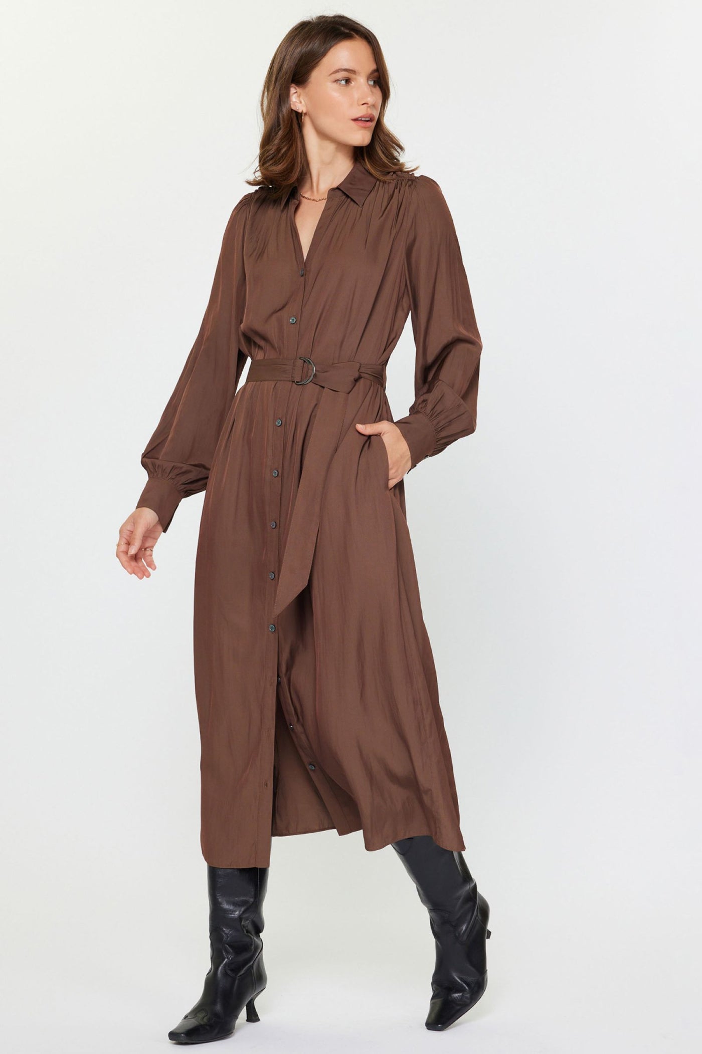 Belted Shirt Dress-Mocha Mousse
