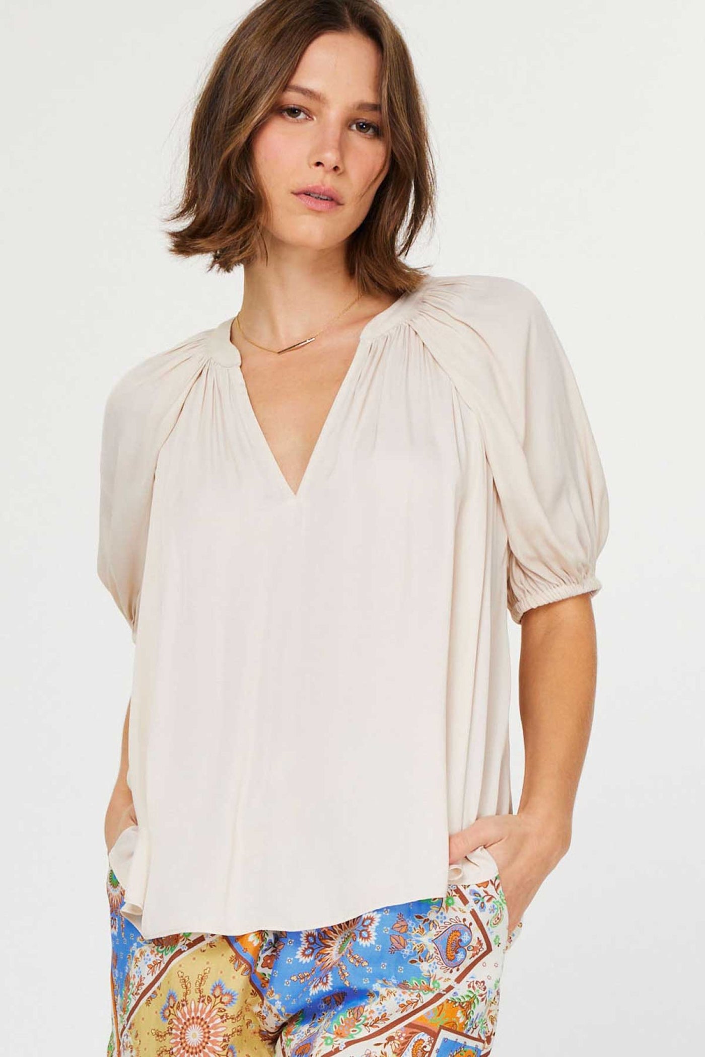 Light Beige V Neck Blouse