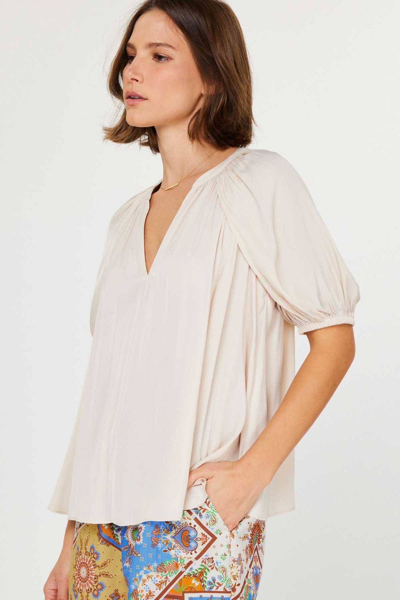 Light Beige V Neck Blouse