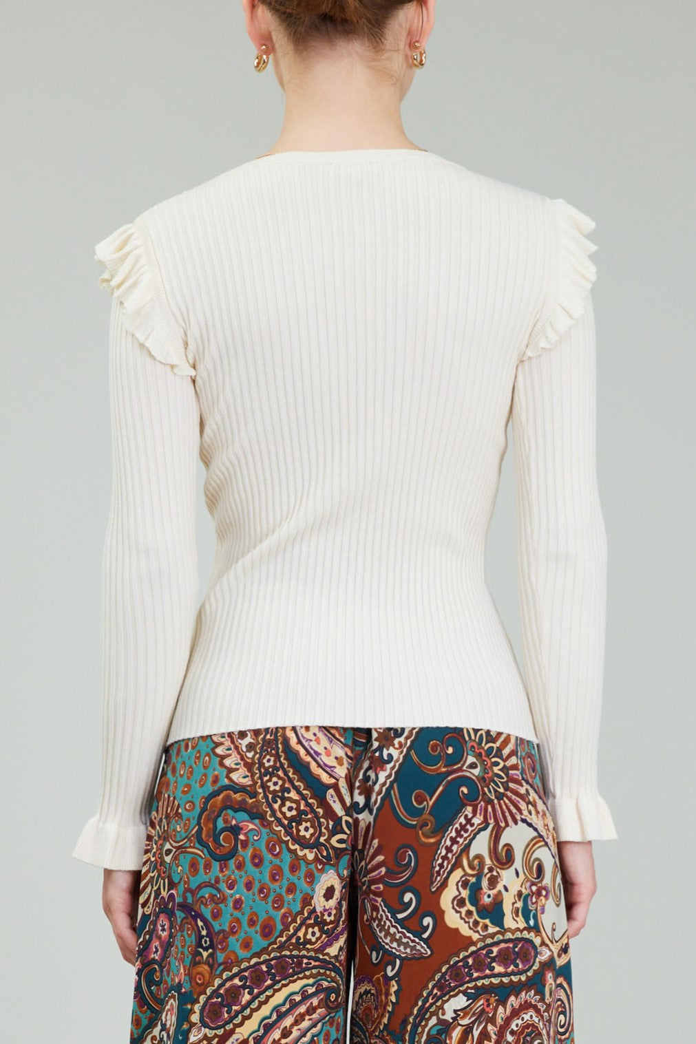 Cream Round Neck Sweater With Ruffled Detail