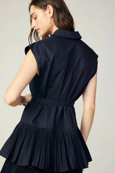 Navy Tiered Belted Pleated Mini Dress