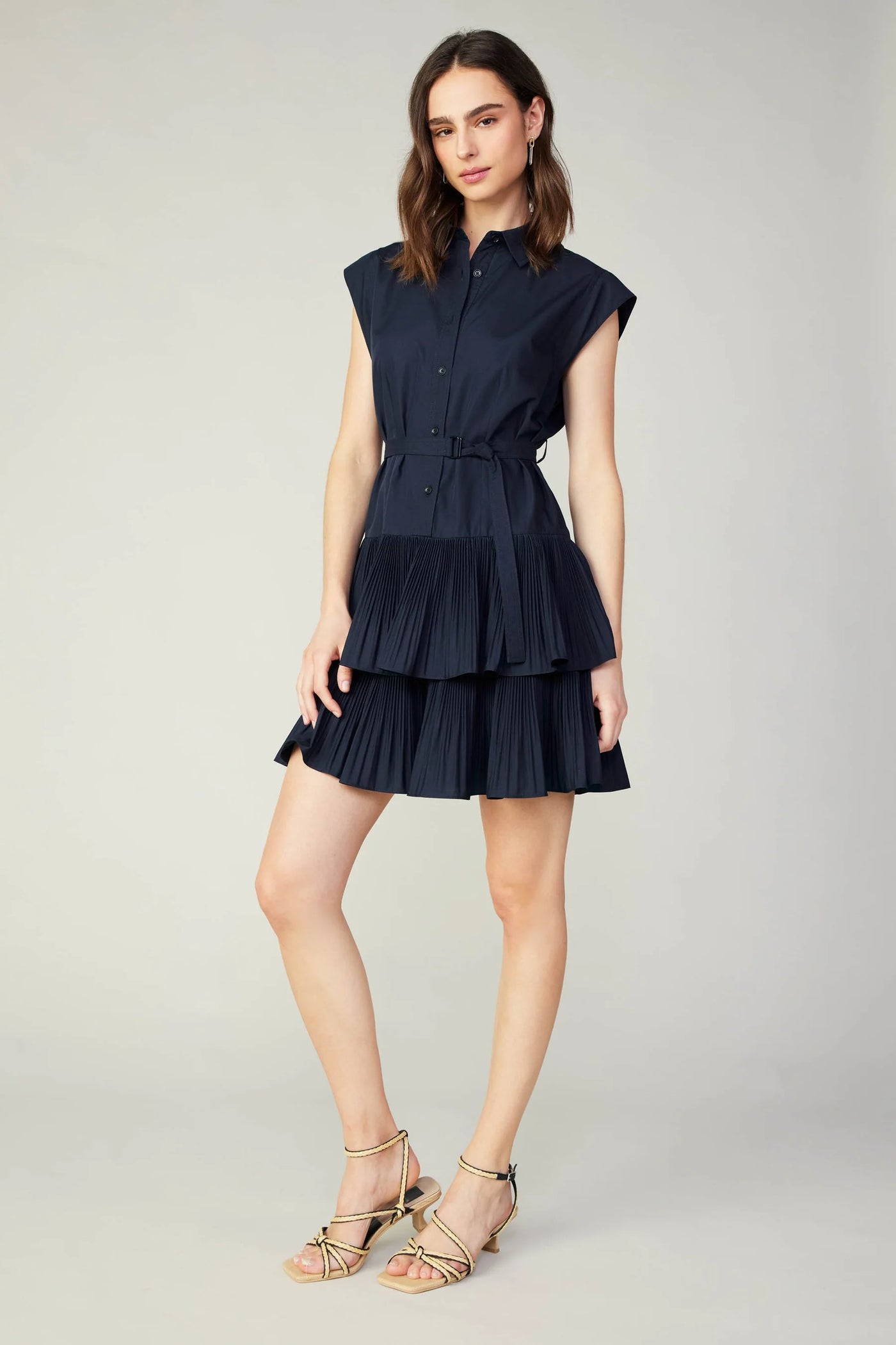 Navy Tiered Belted Pleated Mini Dress