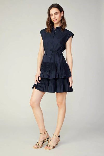 Navy Tiered Belted Pleated Mini Dress