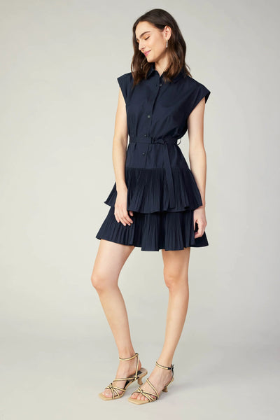 Navy Tiered Belted Pleated Mini Dress