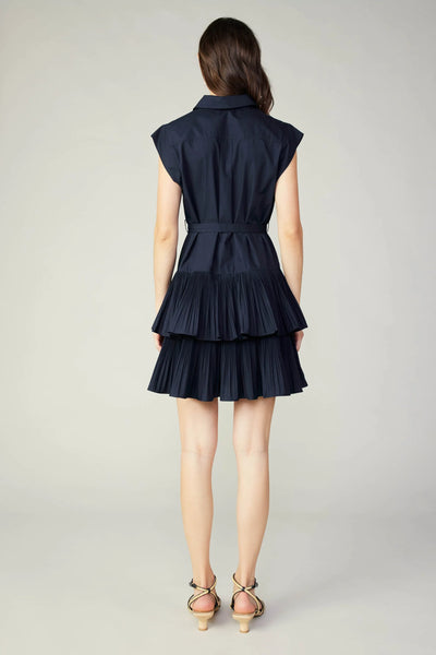 Navy Tiered Belted Pleated Mini Dress