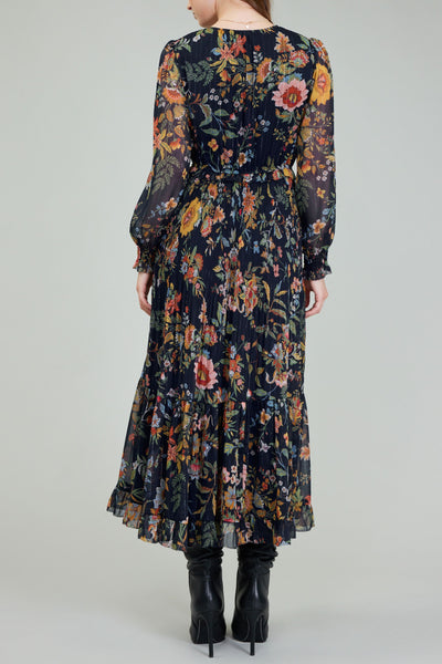 Navy Floral Pleated Maxi Dress