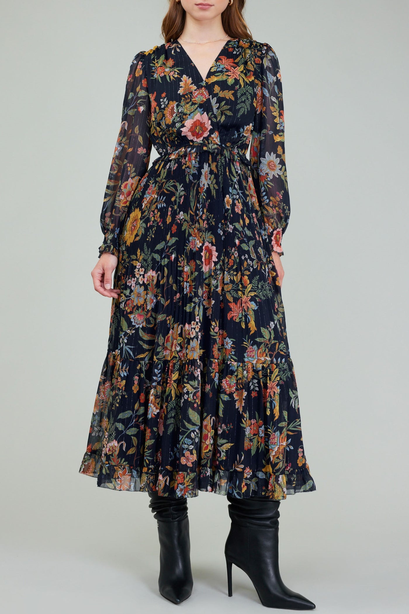 Navy Floral Pleated Maxi Dress