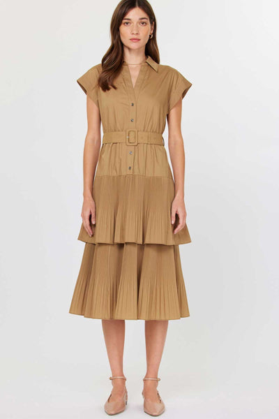 Tiered Belted Midi Dress-Latte