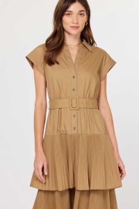 Tiered Belted Midi Dress-Latte