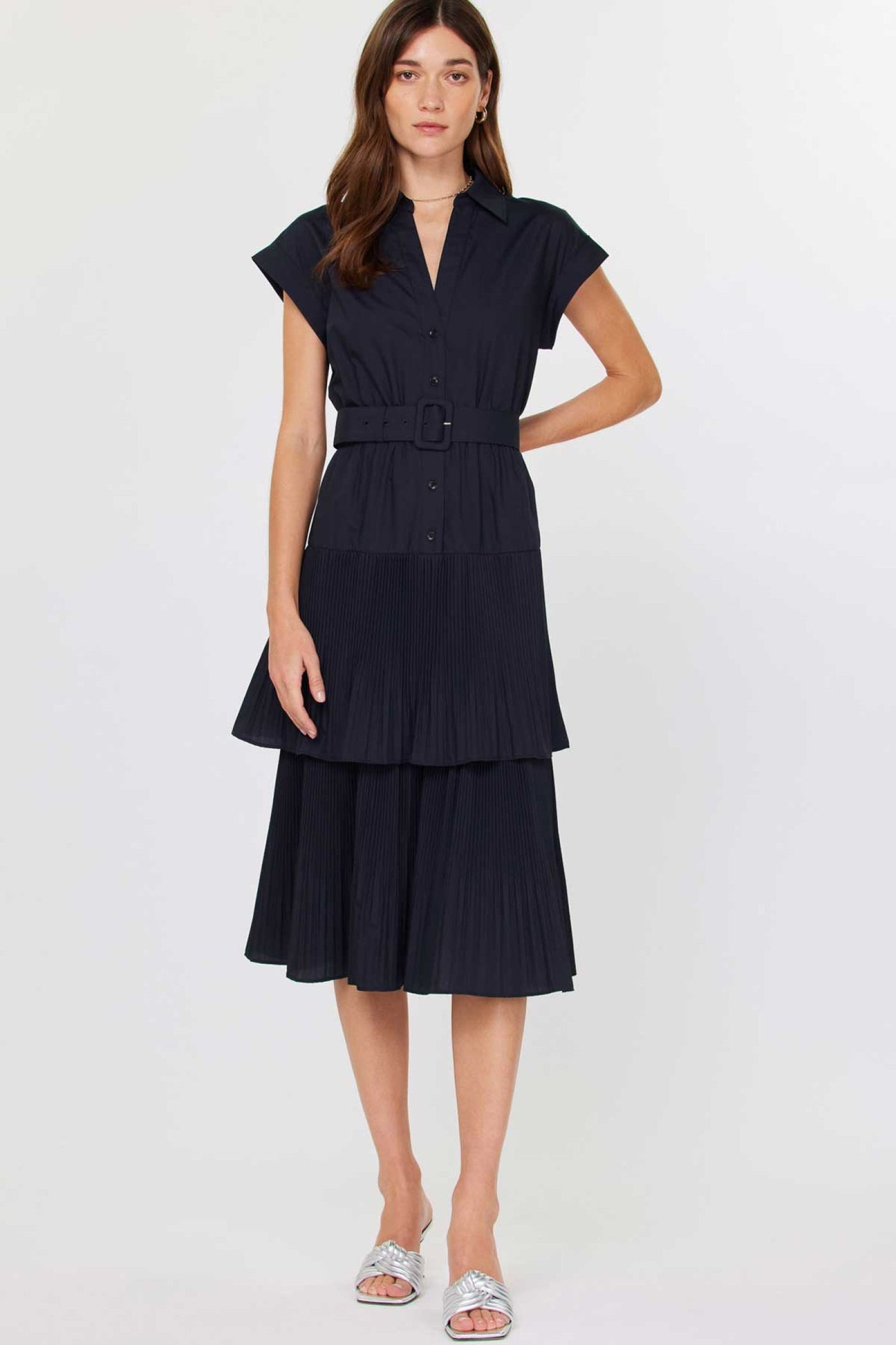 Tiered Belted Midi Dress-Navy