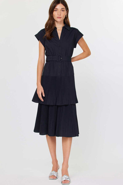Tiered Belted Midi Dress-Navy