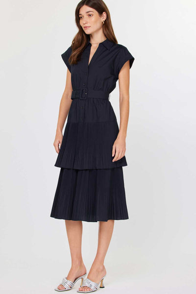 Tiered Belted Midi Dress-Navy