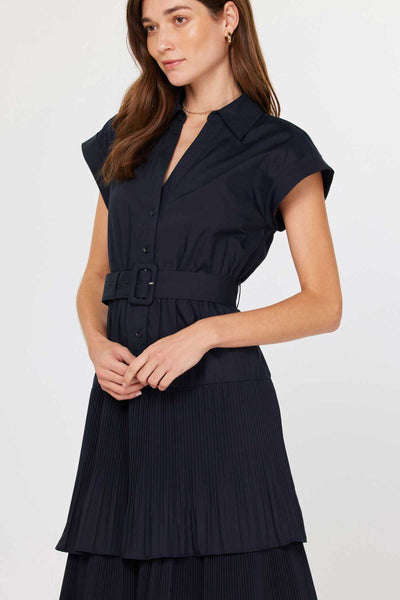 Tiered Belted Midi Dress-Navy