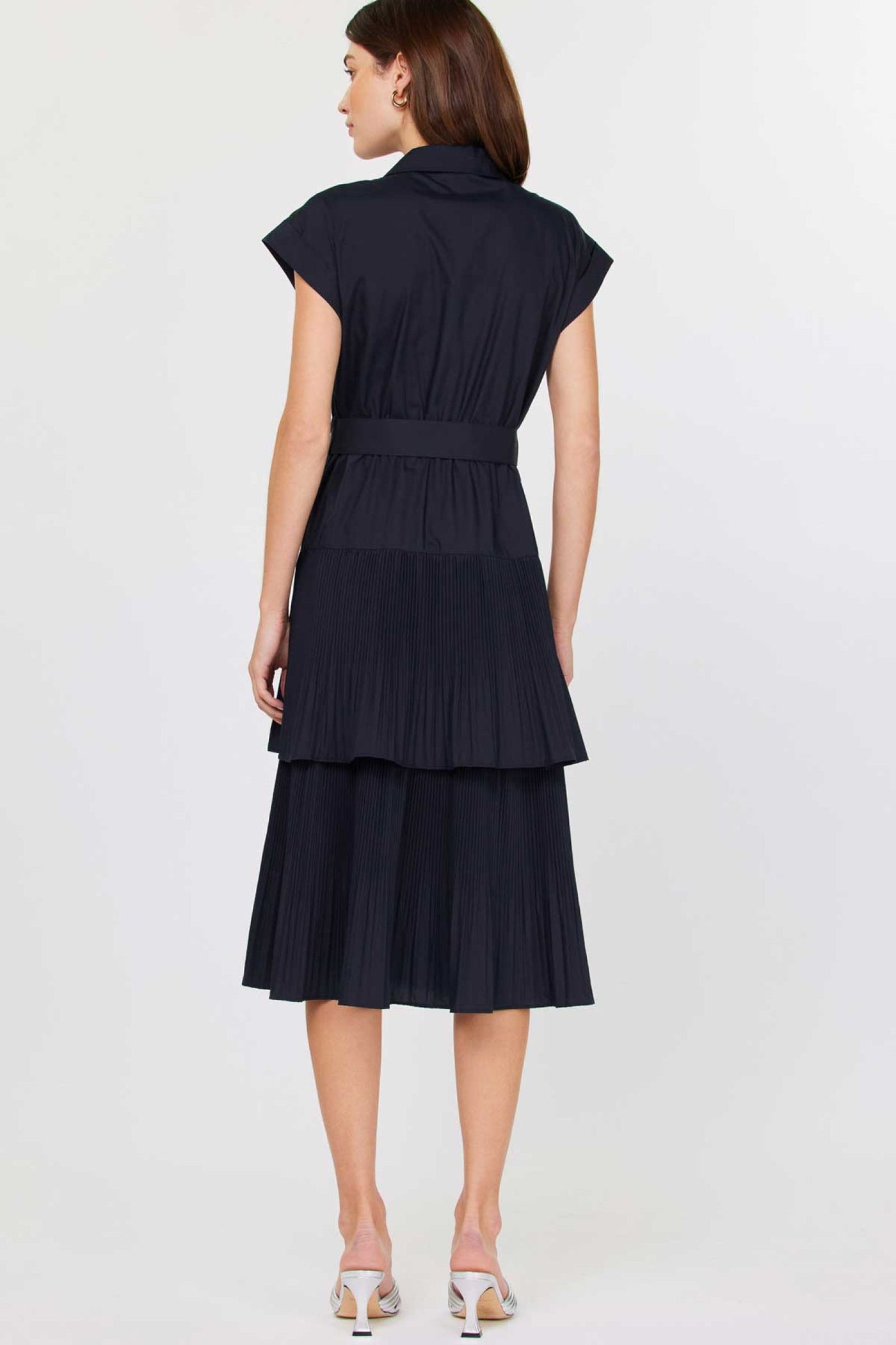 Tiered Belted Midi Dress-Navy