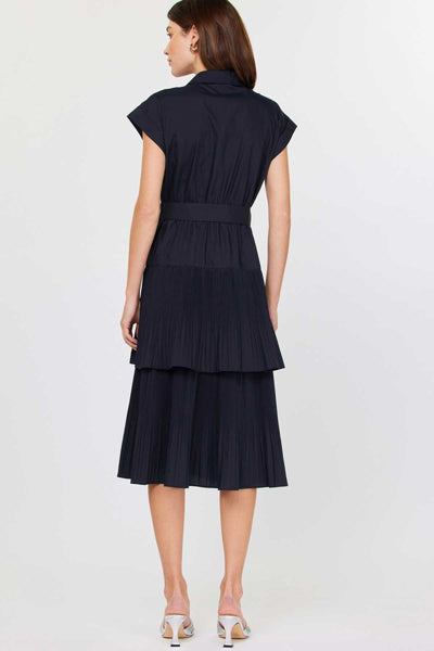 Tiered Belted Midi Dress-Navy