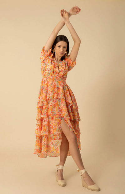 Lainey Tiered Chiffon Dress-Orange