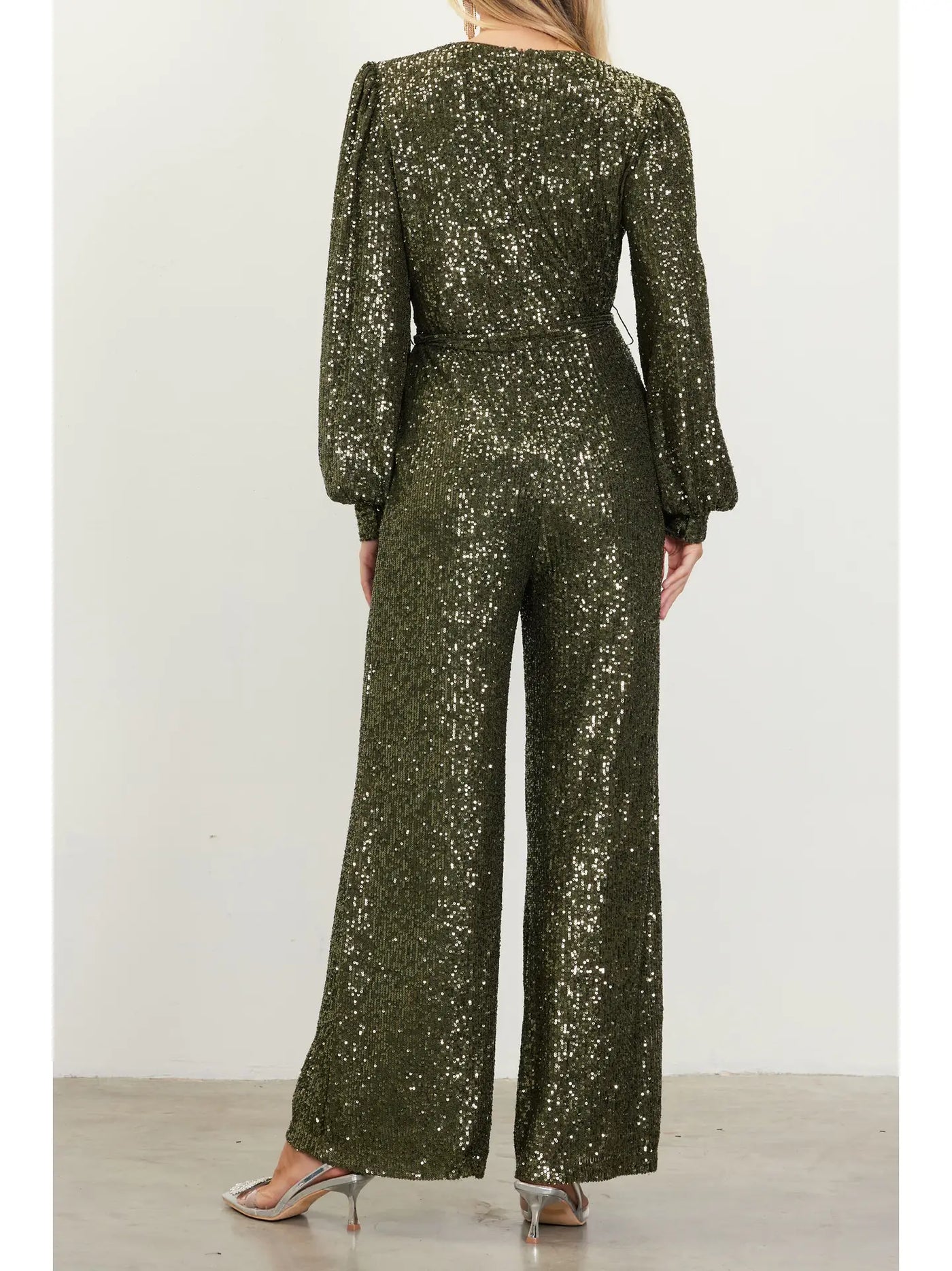 Olive Sequin Wrap Jumpsuit