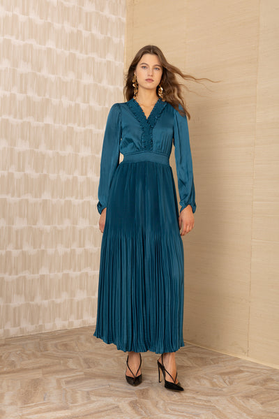 V Neck Solid Maxi Dress-Blue
