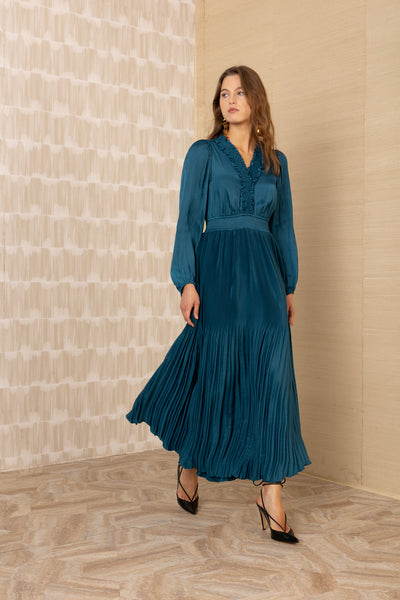 V Neck Solid Maxi Dress-Blue