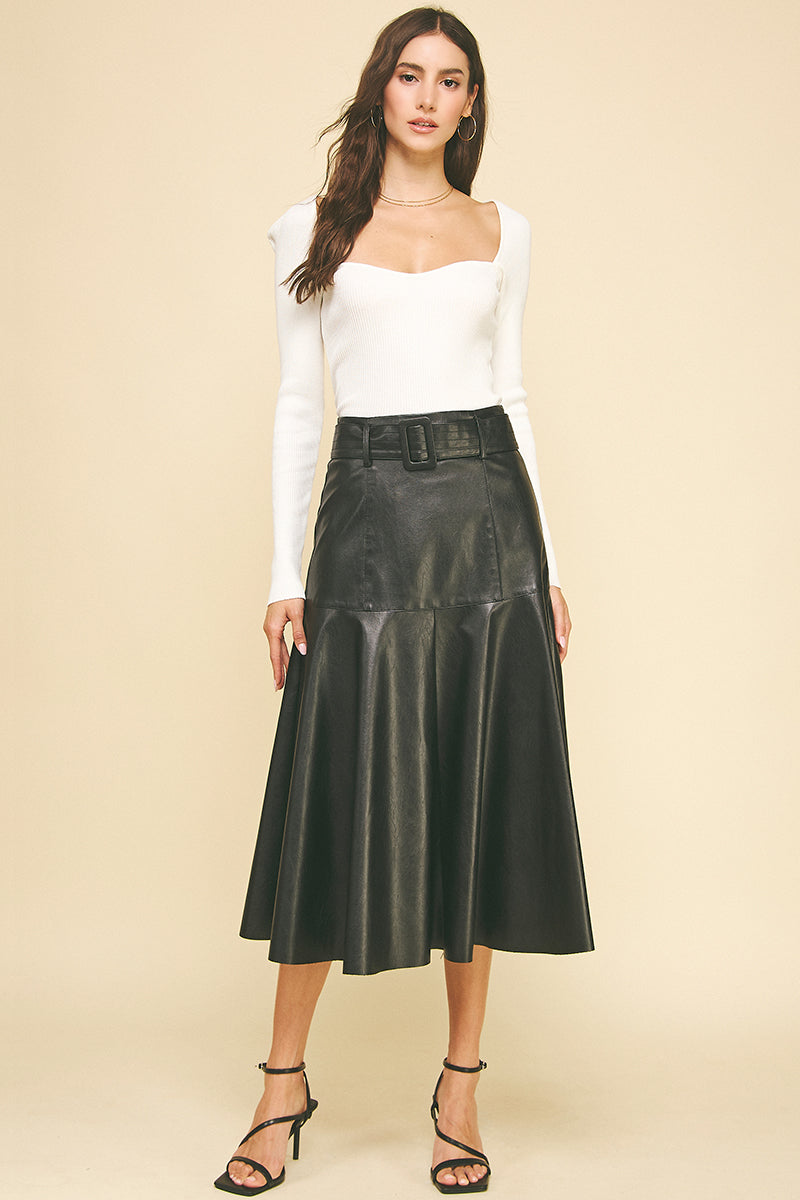 Vegan Leather Midi Belted Skirt-Black
