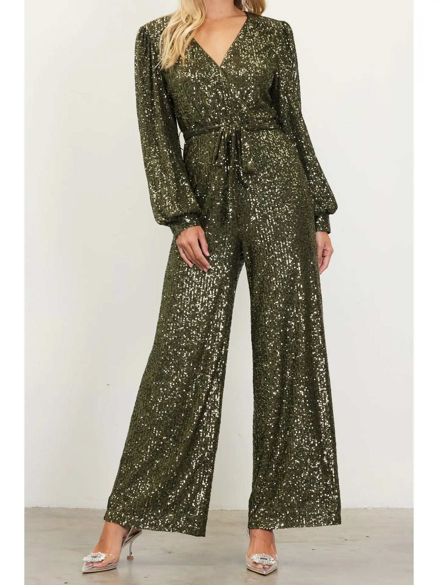 Olive Sequin Wrap Jumpsuit