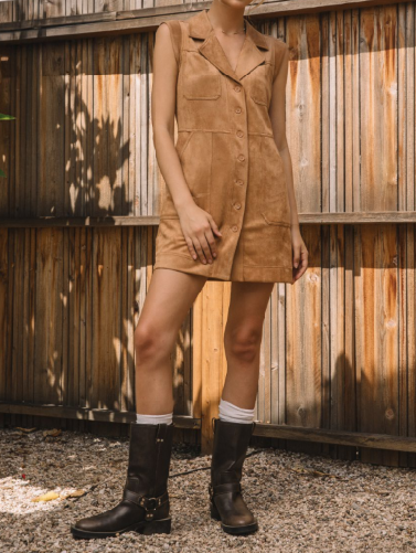 Sleeveless Faux Suede Dress-Camel