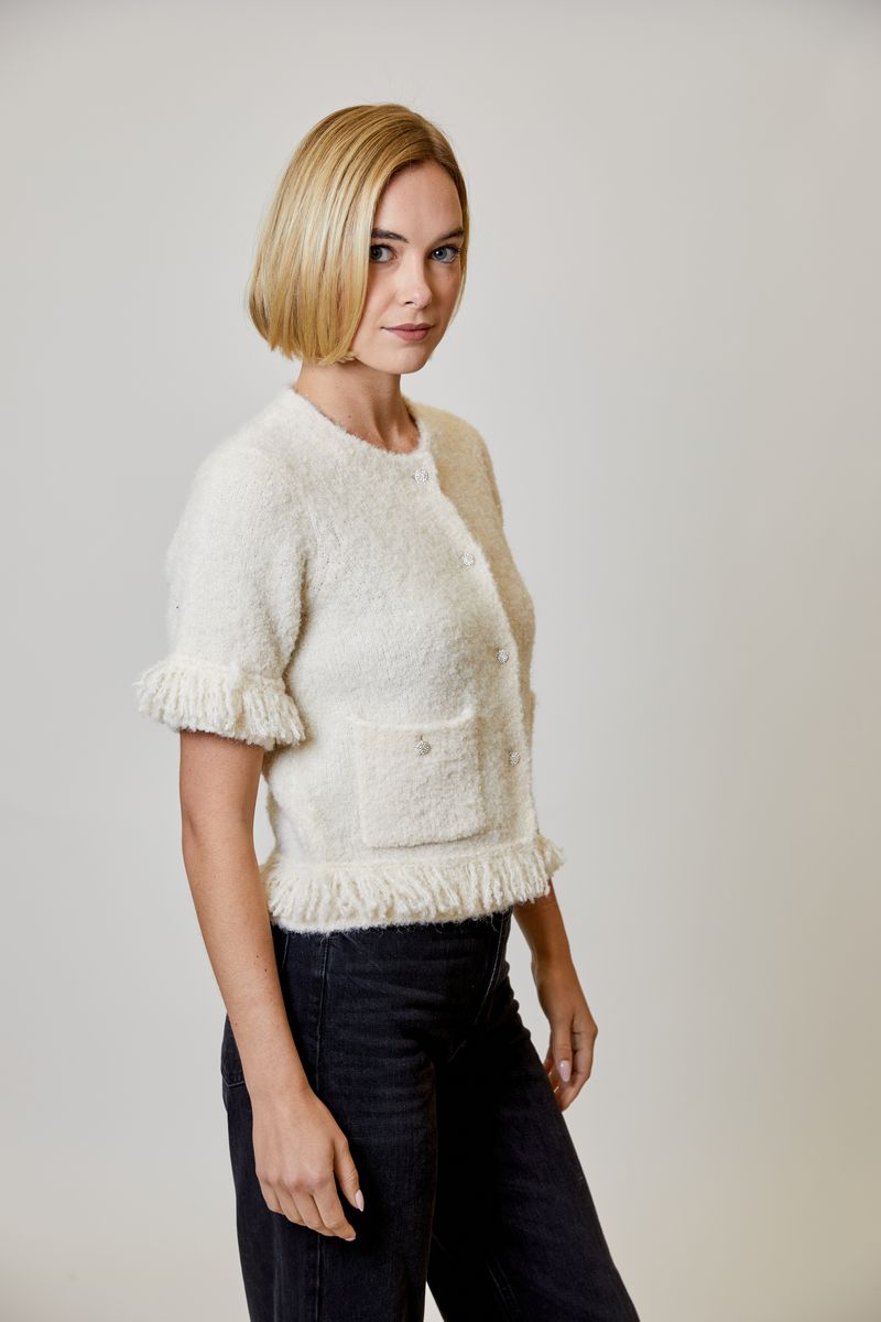 Beige Fringe Novelty Sweater Cardigan With Rhinestone Detail