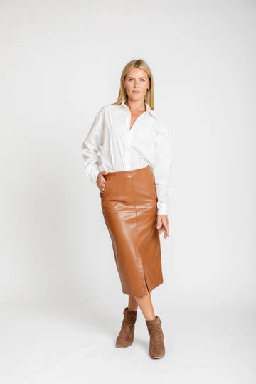 The Ava Vegan Leather Pencil Skirt-Caramel