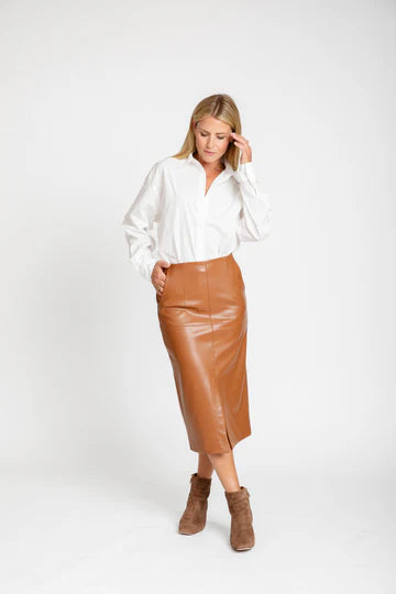 The Ava Vegan Leather Pencil Skirt-Caramel