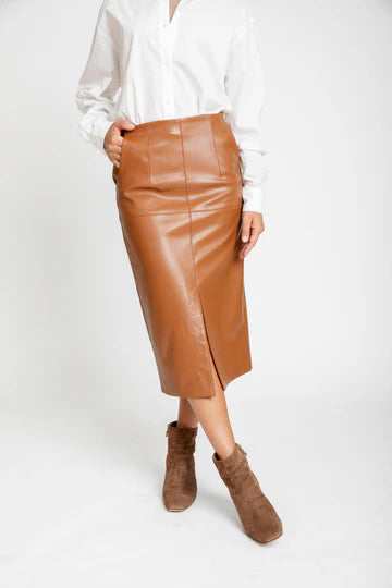 The Ava Vegan Leather Pencil Skirt-Caramel