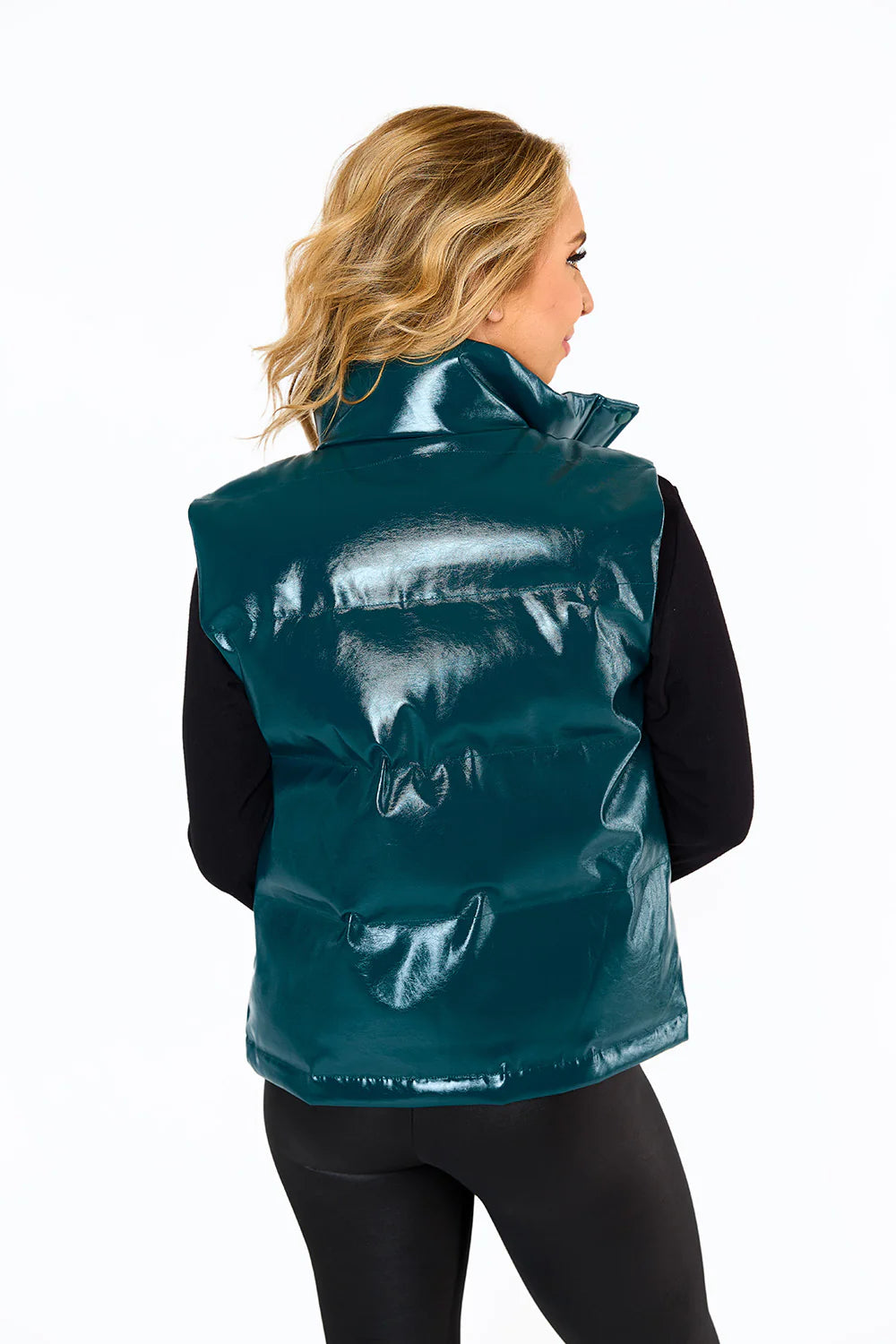 Helen Vegan Leather Puffer Vest-Jade Green