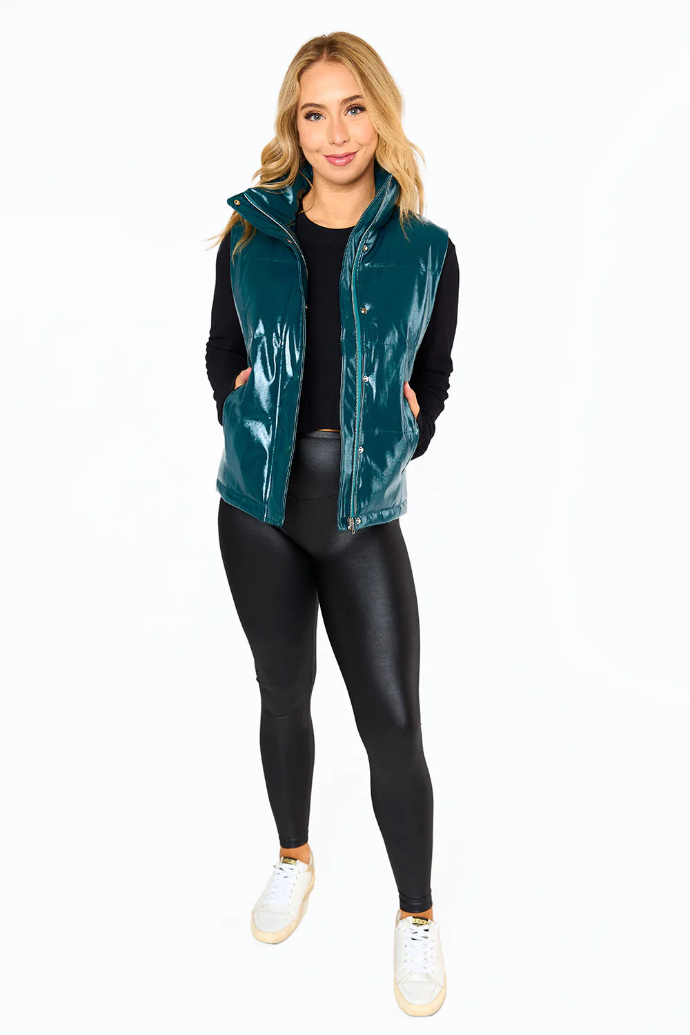 Helen Vegan Leather Puffer Vest-Jade Green