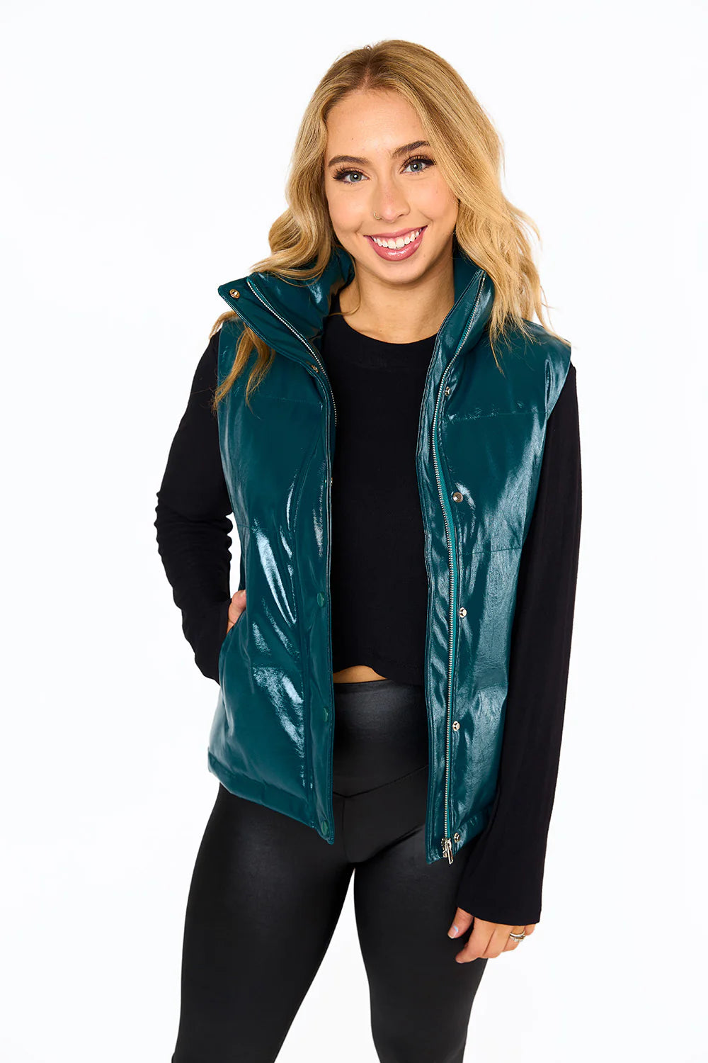 Helen Vegan Leather Puffer Vest-Jade Green